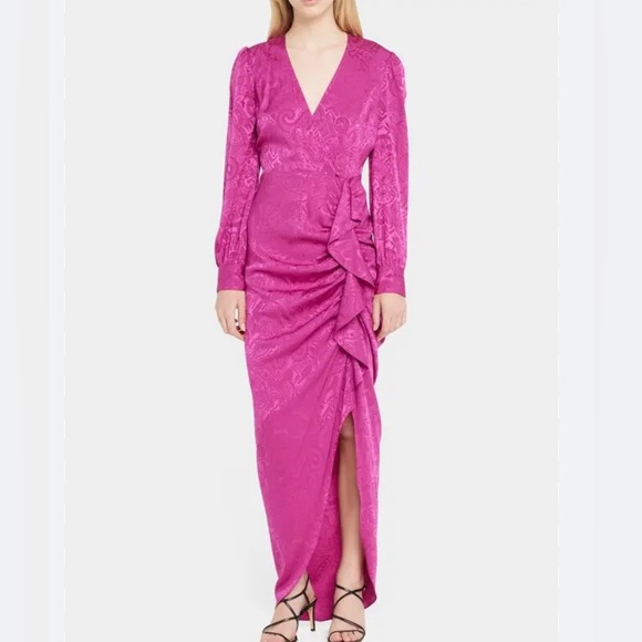 VERONICA BEARD Size 6 Weiss Dress Silk Bright Magenta VNeck Ruffle Slit $698 NWT - Picture 5 of 16